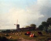 尤金 约瑟夫 维保盖文 : A Panoramic Summer Landscape With Cattle Grazing In A Meadow